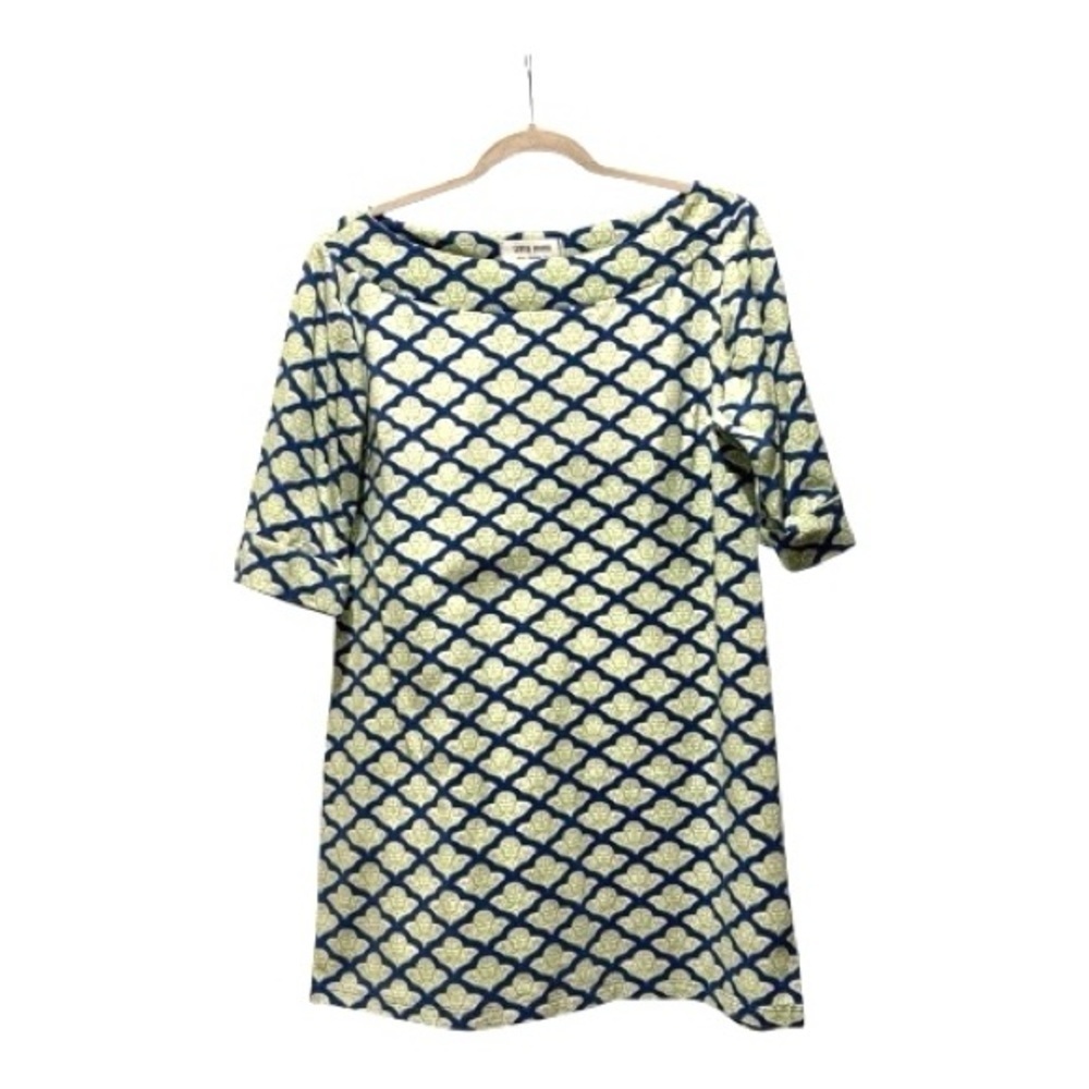 Skirtin Around Blue Green Print Shift Dress Size 4 Preppy Cotton Stretch